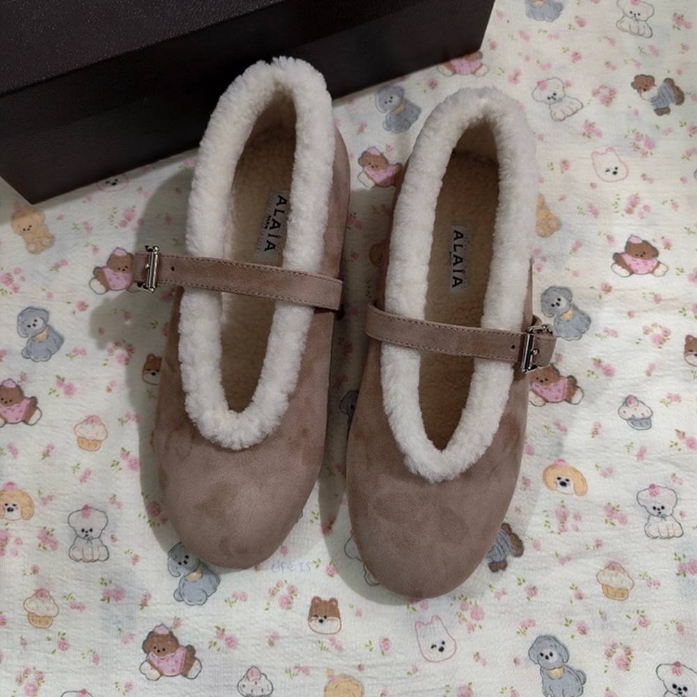 Alaia Taupe Suede Mary Janes with Cream Shearling Trim